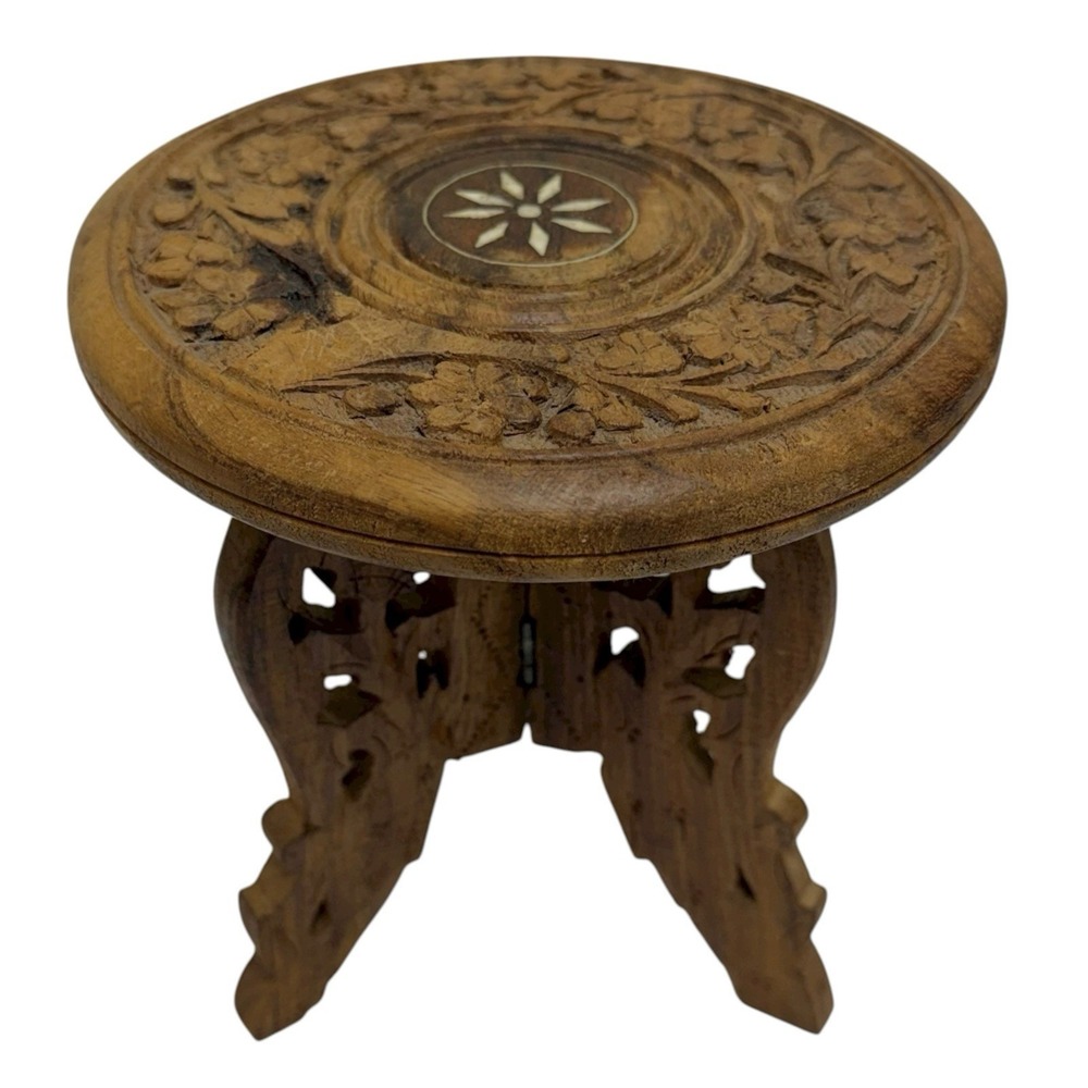 Vtg Hand Carve Wood Burning Pyrography Inlays Collapsible Side Table/Stand 8.5"
